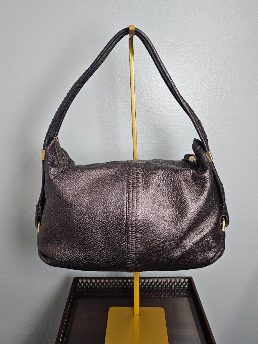 Elliott Lucca Metallic Bronze Leather Hobo Bag - Woven Strap & Tassel - Gold HW - Picture 3 of 10